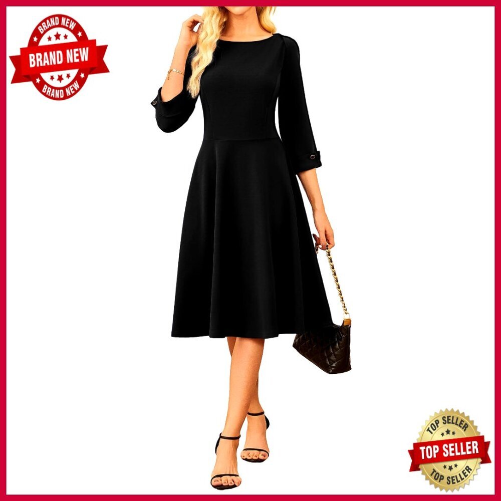 Fit And Flare Work Dress 3/4 Sleeve Midi Elegant Office Chic With Pockets